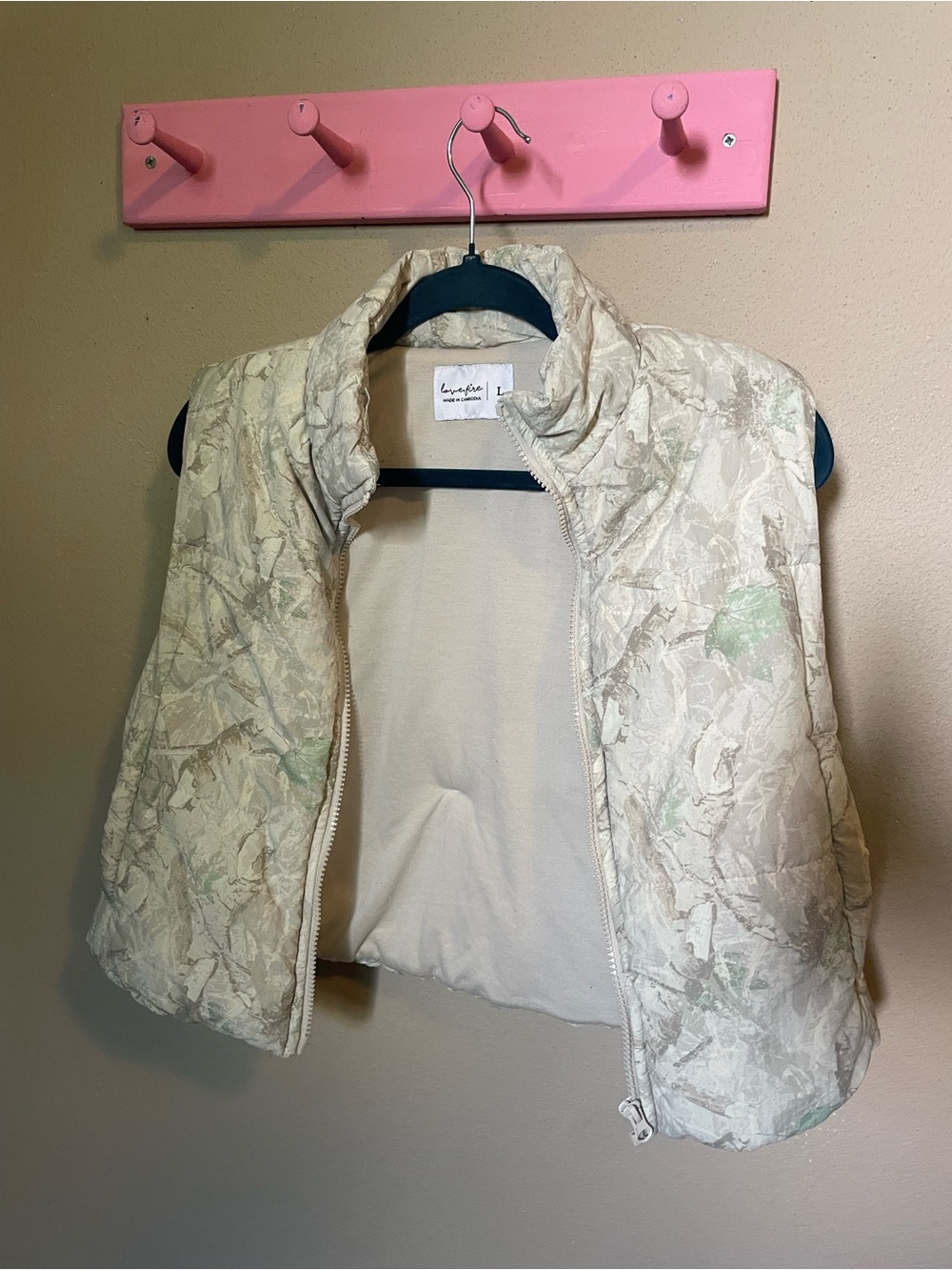 love, Fire Women's Cream Quilted Vest with Subtle Green Print